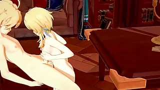 Genshin Impact Hentai  Aether with an increment of Lumine Handjob with an increment of Fucked with creampie in her pussy  Japanese Glaze Pastime Porn Animation 3D
