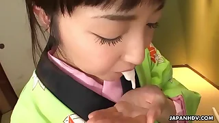 Asian bitch to a kimono sucking on his erect dig out