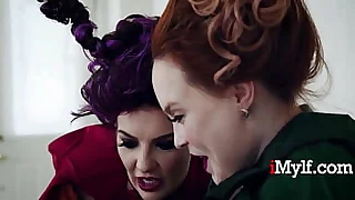 3 Wanton Witches Not far from Over Virgin Asian Dude For Halloween