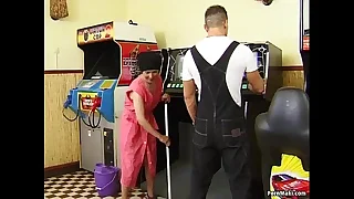 Hairy granny takes young cock surpassing the pool table