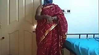 desi  indian tamil telugu kannada malayalam hindi horny big Chief wife vanitha wearing cherry red colour saree showing big boobs and shaved pussy press hard boobs press nosh rubbing pussy masturbation