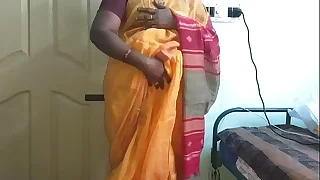desi  indian horny tamil telugu kannada malayalam hindi chunky Chief get hitched vanitha wearing orange colour saree  showing chunky boobs and shaved pussy rattle hard boobs rattle nip rubbing pussy masturbation